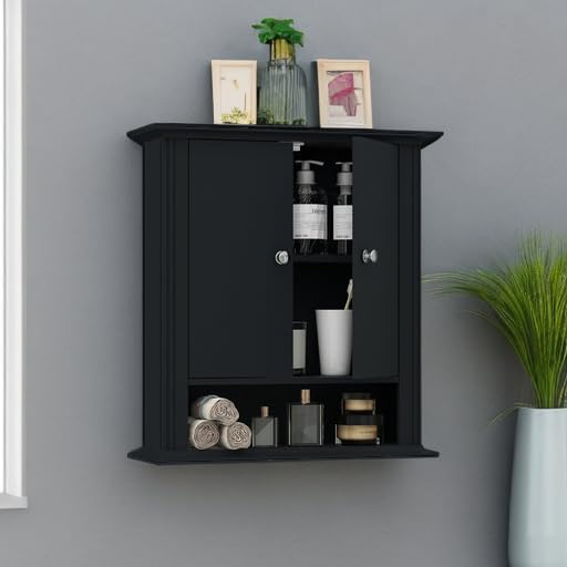 Bathroom Cabinet Wall Mounted| Over the Toilet Storage Cabinet with 2 Doors & Adjustable Shelf, Hanging Wall Cabinet, Upper Cabinet Storage Cupboard for Bathroom,Kitchen,Laundry Room, Black