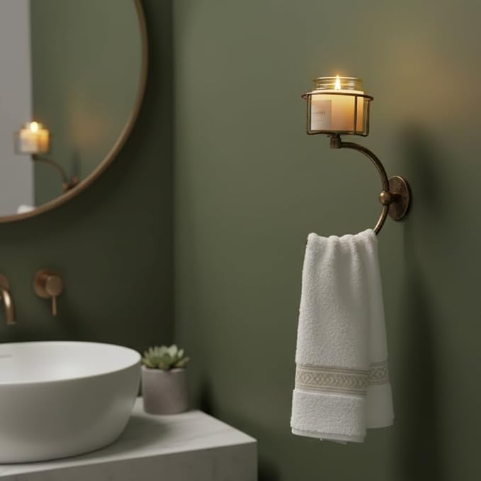 C-Shaped Towel Ring with Top Storage Basket – Unique Space-Saving Wall Mount Holder for Towels, Candles, Plants & Toiletries, Decorative Metal Accent for Bathroom or Kitchen