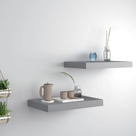 Floating Wall Shelves 2 Pack Gray Modern Display Rack with Invisible Mounting System for Living Room Bedroom Office Decor 15.7x9.1 Inches