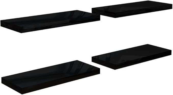 Floating Wall Shelves 4 Pack High Gloss Black Display Rack 23.6x9.3x1.5 Inches Modern Home Decor for Living Room Bedroom Office Storage Organizer