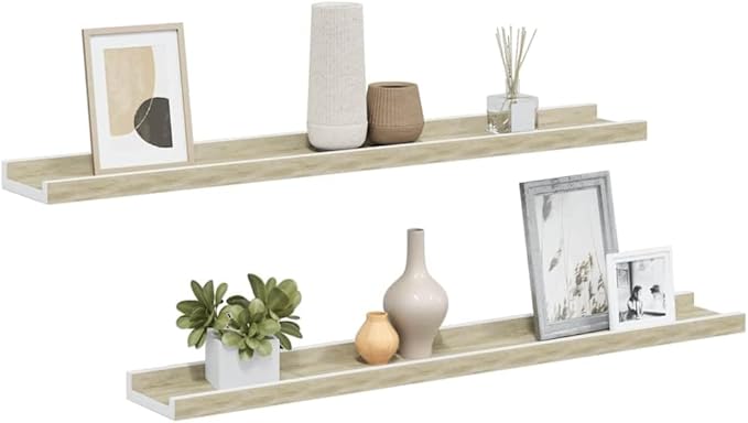 Wall Shelves Set of 2, White and Sonoma Oak Floating Shelves 31.5 Inch for Living Room Bedroom, Modern Farmhouse Decor, Easy Mount Storage Shelf for Books Plants Decor