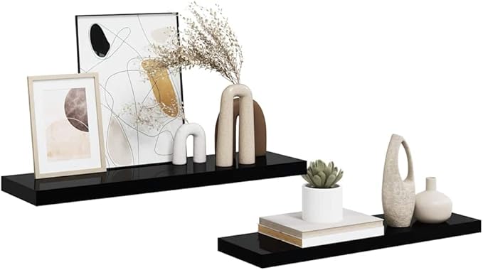 Set of 2 Floating Wall Shelves, 31.5-inch Modern High-Gloss Black Display Ledges, Decorative MDF Wall-Mounted Storage Shelves for Bedroom Living Room Office