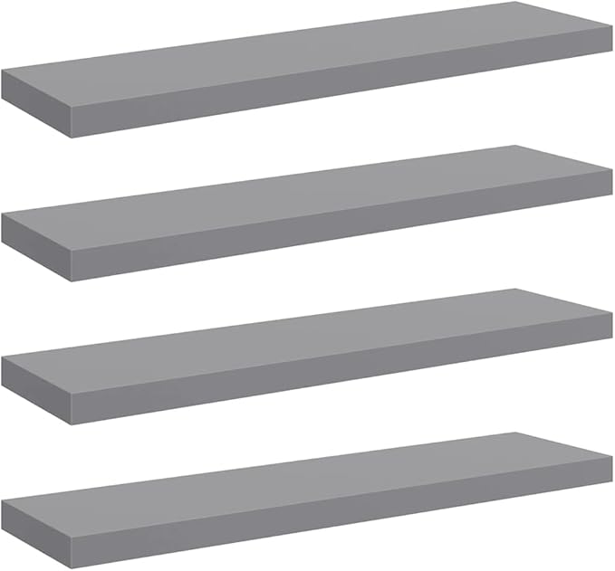 Set of 4 Floating Wall Shelves, 35.4-inch Modern Grey MDF Wood Storage Ledge for Living Room, Bedroom, and Office Decor, Decorative Display Shelves