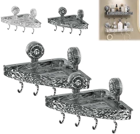 Wall-Mounted Suction Cup Bathroom Shelf, No Drill Acrylic Storage Holder, Light Luxury Glacier Pattern, Clear Rack with 4 Hooks for Organizing Essentials