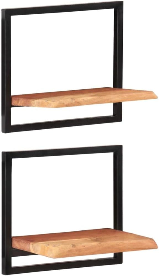 Set of 2 Live Edge Wall Shelves, Rustic Solid Acacia Wood Floating Shelves with Steel Brackets, Decorative Wall Mounted Shelving for Bedroom Living Room Office