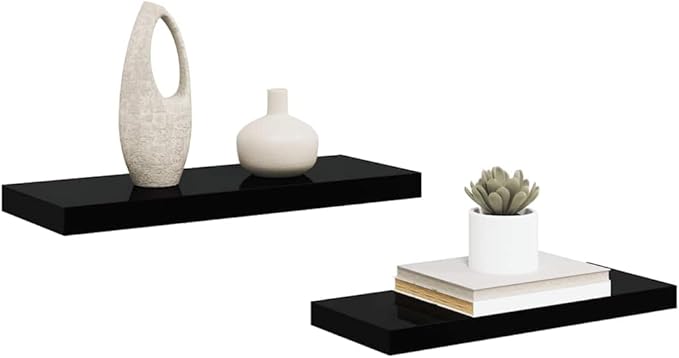 Set of 2 Floating Wall Shelves, Modern High Gloss Black Honeycomb MDF Display Ledges, Decorative Storage Racks for Living Room Bedroom Office, 23.6 Inch