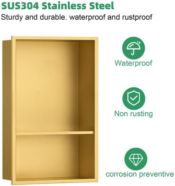 SaniteModar Shower Niche, Stainless Steel Shower Niche No Tile Needed, Recessed for Bathroom Storage (Brushed Gold, 18" x 12" Double)