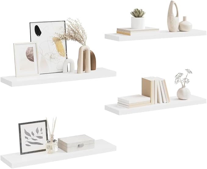 Set of 4 Floating Wall Shelves, 35.4-Inch Modern Rectangular Shelving Units for Bedroom, Living Room and Office, Durable MDF Wall-Mounted Storage Organizers, White