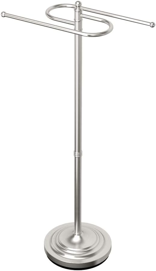 Gatco 1506, Modern Round Base Floor Standing S Style Towel Holder, Satin Nickel / 38" H Freestanding Hand Bath Towel Stand for Bathroom