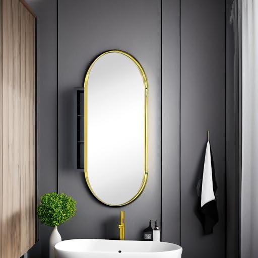 Brushed Gold Oval Recessed Bathroom Medicine Cabinet with Mirror Stainless Steel Metal Framed Oblong Pill Shaped Bathroom Cabinet with Mirror 16x33''