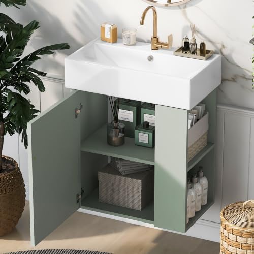 Virubi 21.6 in Floating Bathroom Vanity with Sink,Soft Closing Doors,Solid Wood Frame & MDF Modern Single Small Green Bathroom Vanity Cabinet with Open Shelf,Wall Mounted