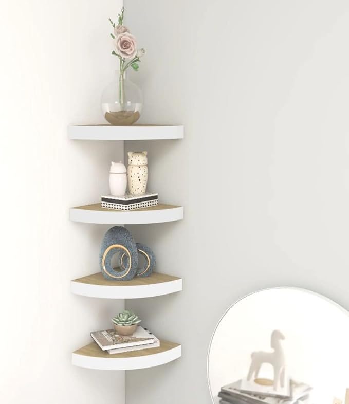 4-Pack Corner Floating Shelves Wall Mounted 9.8x9.8 Inch Oak & White Honeycomb MDF with Metal Frame for Bathroom Bedroom Living Room Decor