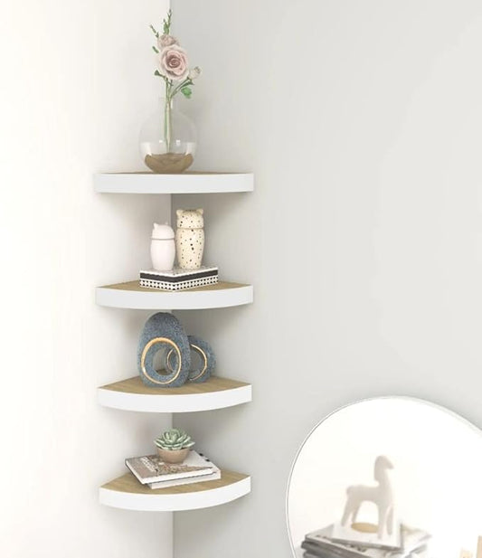 4-Pack Corner Floating Shelves Wall Mounted 9.8x9.8 Inch Oak & White Honeycomb MDF with Metal Frame for Bathroom Bedroom Living Room Decor