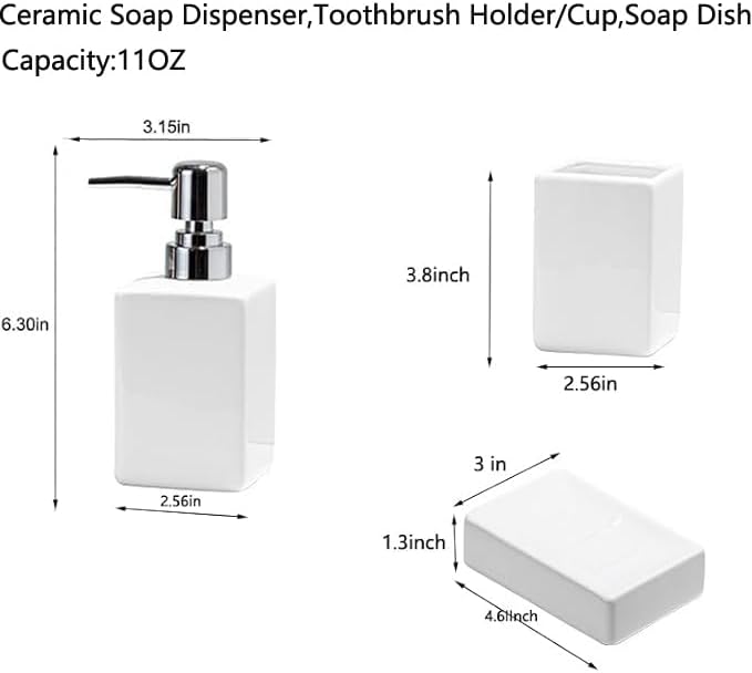 White Bathroom Accessory Set 3 Pcs,Ceramic Soap Dispenser and Toothbrush Holder Cup Soap Dish,Modern Countertop Bath Decor Set for Stylish Bathroom Organization