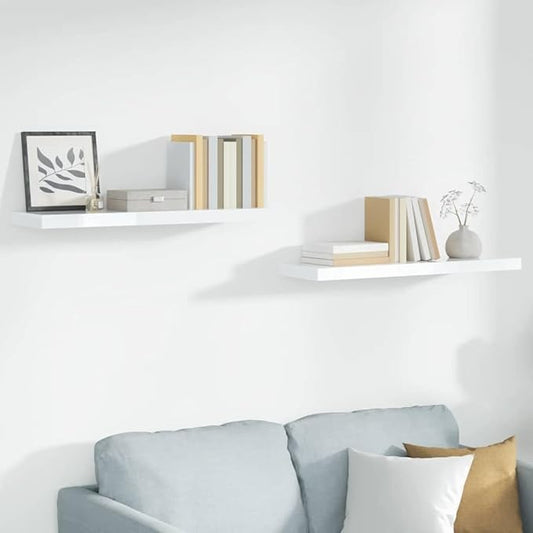 Set of 2 Floating Wall Shelves, High Gloss White Rectangular Display Shelf for Living Room Bedroom, Modern Minimalist Storage Ledge for Decor Books