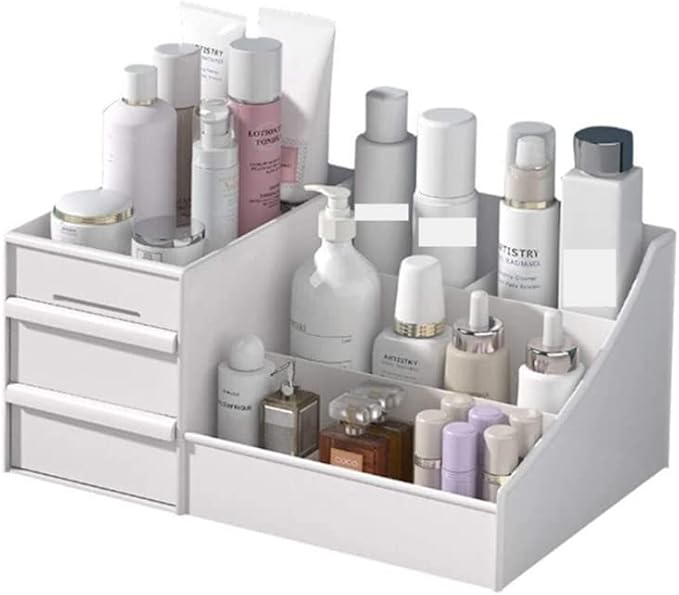 Jilukibo Large Capacity Makeup Organizer for Bathroom Bedroom, Cosmetic Storage Box with Drawers, Desktop Makeup Container for Jewelry Lipstick Skin Care (White)