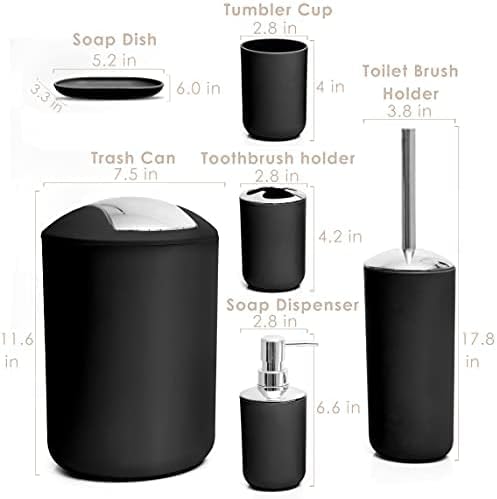 Moss & Stone 6-Piece Bathroom Accessories Set – Black Plastic Bathroom Set with Soap Dispenser, Toothbrush Holder, Cup & Soap Dish – Modern Countertop Bathroom Decor