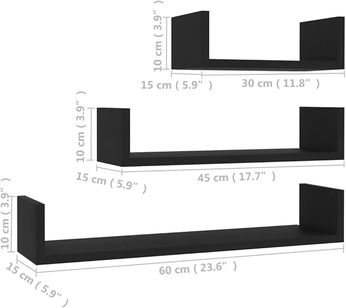 Set of 3 Wall Mounted Floating Shelves, Black Engineered Wood Display Ledge for Living Room, Bedroom, and Kitchen, Modern Decorative Storage Units