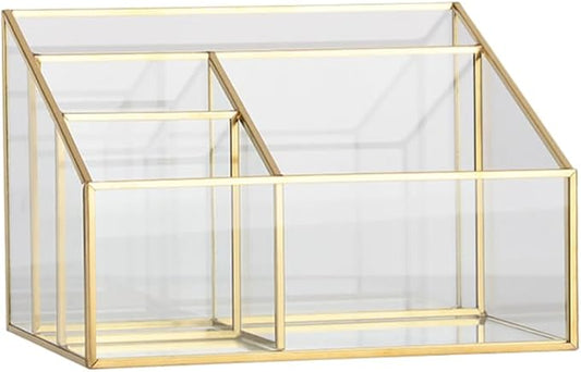 Alipis Glass Makeup Organizer with Gold Trim, Multi-Functional Cosmetic Storage Case for Vanity, Lipstick, Jewelry, Makeup Brush, Eyeliner Holder, 7.67 X 5.70 X 5.11 Inches