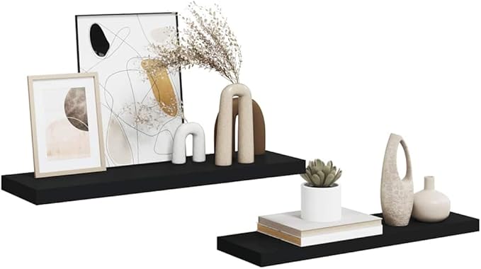 Set of 2 Floating Wall Shelves 31.5 Inch, Matte Black Modern Wood Shelving Unit for Bedroom, Living Room, Bathroom Storage and Wall Decor Display