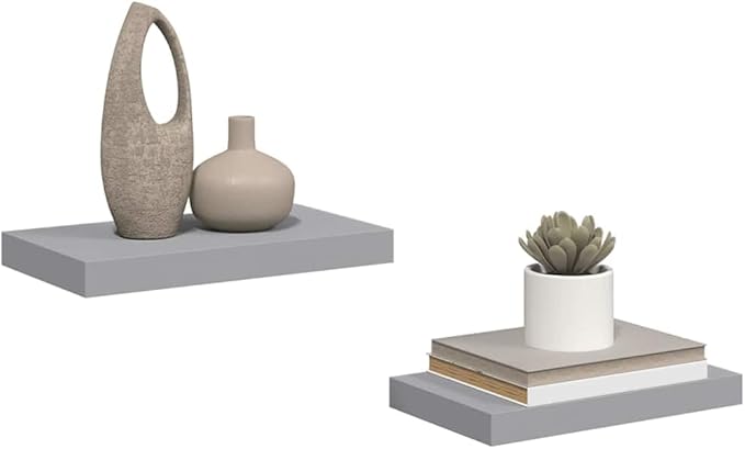Floating Wall Shelves Set of 2, Modern Gray Display Shelves with Invisible Mounting for Living Room & Office, 15.7x9.1 Inches, Durable MDF and Metal, Easy Install Rack for Books, Decor, Awards
