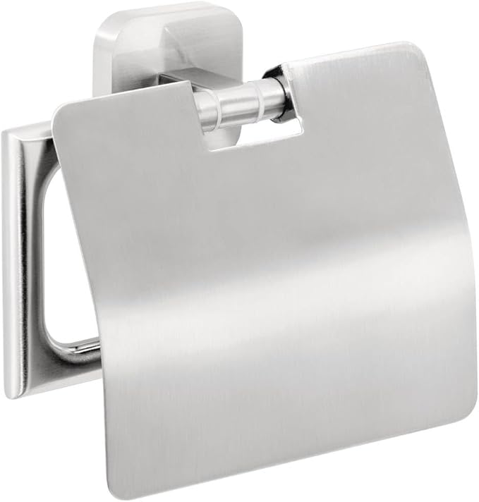 tesa Esteetic Toilet roll Holder with lid, self-Adhesive, Stainless-Steel, Outstanding Design, Guaranteed Stainless, 135mm x 132mm x 48mm
