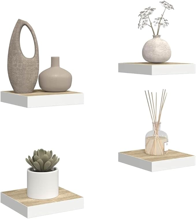Set of 4 Floating Wall Shelves, Square Honeycomb Decorative Display Shelving for Living Room, Office and Bedroom, Matte White Wood MDF Storage Organizers