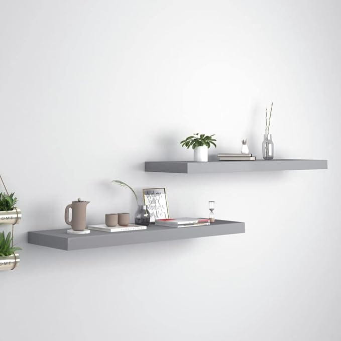 Grey Honeycomb Floating Wall Shelf Set of 2, 31.5-inch MDF Wood, Matte Finish, Modern Decorative Ledge Shelves for Living Room, Bedroom, Bathroom Decor, 22 lbs Capacity