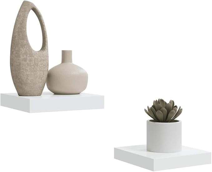 Floating Wall Shelves Set of 2, Modern Invisible Mounting Display Shelves for Living Room & Office, High Gloss White Honeycomb MDF with Metal Frame, 9.1x9.3x1.5 Inches, Holds 11 lbs Each