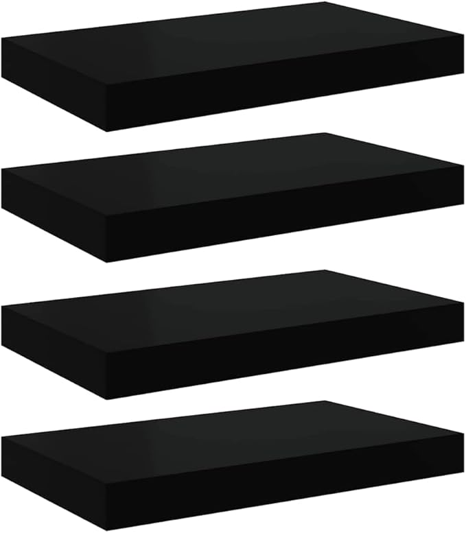 Set of 4 Floating Wall Shelves, Modern Rectangular Black MDF Storage Display Ledge for Bedroom, Living Room, and Office Decor