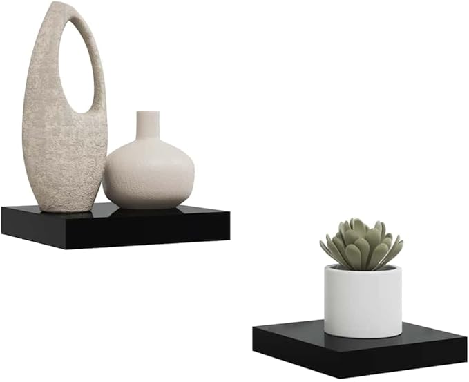 Floating Wall Shelves Set of 2, High Gloss Black Honeycomb MDF Shelving Units, Modern Decorative Wall Mount Display Shelves for Living Room, Office, Photos, Plants, 9.1 x 9.3 Inches