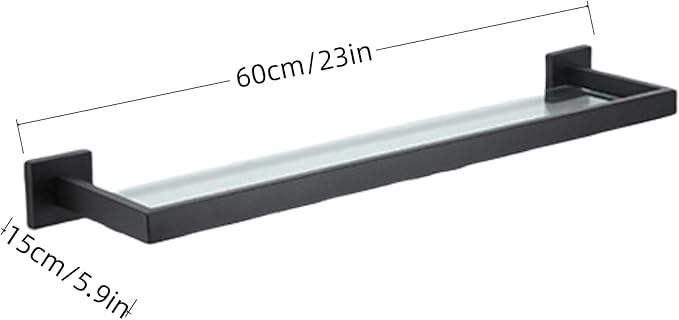 Glass Bathroom Shelf Wall Mounted, 22.32-Inch, 8mm Thick Tempered Glass, Modern Square Design, Matte Black