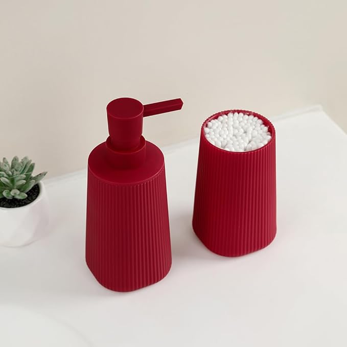 YAUKPH Bathroom Accessories Set 2 Piece Soap Dispenser and Toothbrush Holder for Bathroom Countertop Striped Red