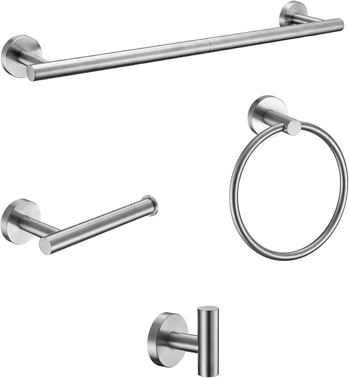 Stainless Steel Towel Bar Set Wall Mounted Bathroom Hardware Accessories Set Brushed Nickel 18 Inches Adjustable Round Towel Rack 4-Pieces Toilet Paper Holder Towel Ring Towel Hooks Towel Holder