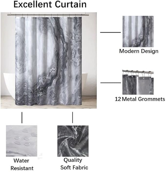 Grey Shower Curtain Marble Texture for Bathroom, Grey Polyester Fabric Waterproof Bathroom Decor,72 x 72 Inch,Standard Size