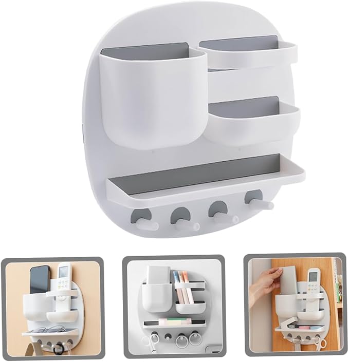 Alipis Remote Controller Stand Multi-Function Wall-Mounted Toiletries Shelf Three Compartments Storage Tray and Four Hooks for Bathroom Organization Easy Installation