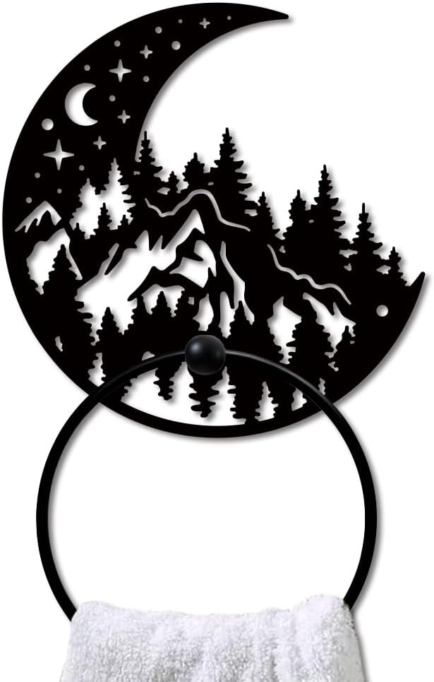 MAYJOYDIY Moon Forest Metal Towel Ring Mountain Landscape Towel Holder Moon Star Towel Ring Black Art Towel Rack Wall Mounted for Bathroom Kitchen Towel Hanger Home Decors Gift