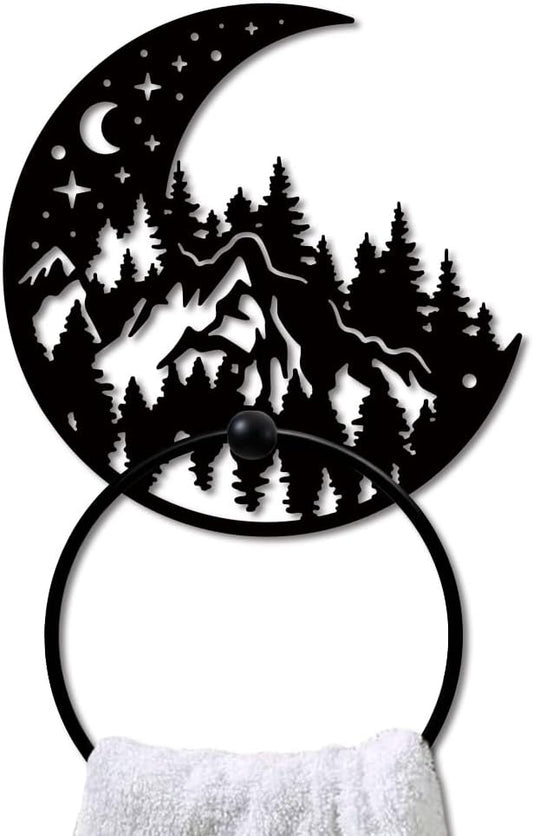 MAYJOYDIY Moon Forest Metal Towel Ring Mountain Landscape Towel Holder Moon Star Towel Ring Black Art Towel Rack Wall Mounted for Bathroom Kitchen Towel Hanger Home Decors Gift