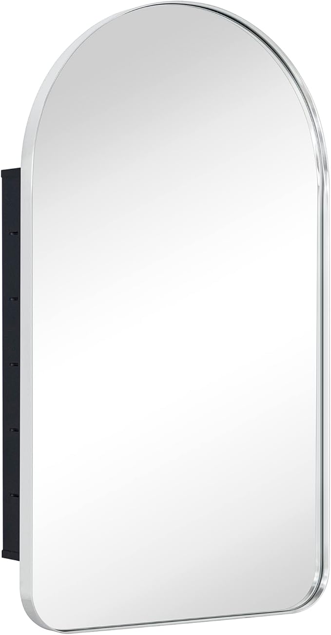 Chrome Arched Recessed Bathroom Medicine Cabinet with Mirror Stainless Steel Metal Framed Rectangular Bathroom Cabinet with Mirror 16x28.3''