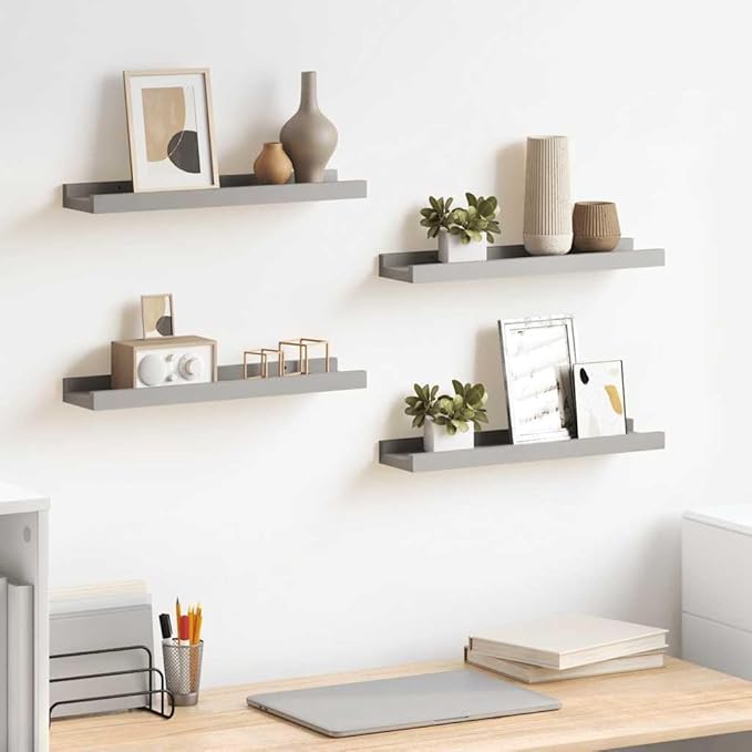 Set of 4 Floating Wall Shelves, Modern Grey MDF Rectangular Shelves for Bedroom, Living Room, Bathroom Decor, 15.7 Inch Display Ledges for Books, Photos, and Plants