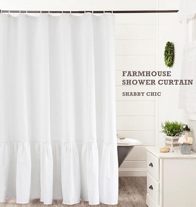 Felisa White Farmhouse Boho Shower Curtain with A Ruffle Hem, Linen Blend Shower Curtain for Bathroom,72"x72"
