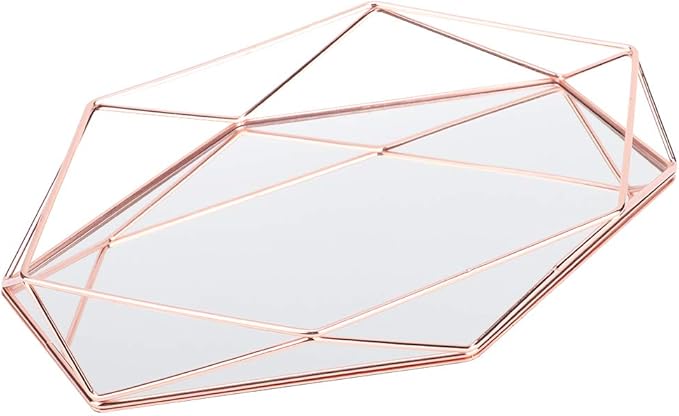 Organizer Tray,Makeup Organizer,Bathroom Sixangle Mirror Metal Gold Cosmetic Jewelry Storage Organizer Tray Box Plate for Makeup Brushes Perfume Lipsticks Nail Polish Makeup Holder(Rose Gold)