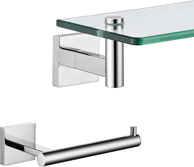 KOKOSIRI 20-Inch Bathroom Shelves Glass Floating Shelf Toilet Roll Holder Toilet Paper Holder Stainless Steel Polished Chrome B1105CH-L20+B2005CH