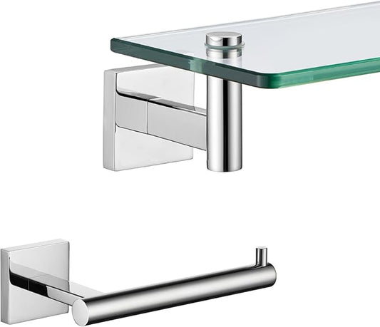 KOKOSIRI 20-Inch Bathroom Shelves Glass Floating Shelf Toilet Roll Holder Toilet Paper Holder Stainless Steel Polished Chrome B1105CH-L20+B2005CH