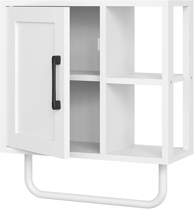 YATINEY Medicine Cabinet, Bathroom Wall Cabinet with Towel Bar, Over The Toilet Storage Cabinet with Adjustable Shelf and Open Partition, for Bathroom, Laundry Room, Living Room, Kitchen, White