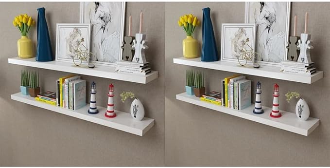 Set of 4 Floating Shelves 47.2 inch Wall Mounted Display Ledge for Bedroom Living Room Office Modern White MDF Storage Organizers