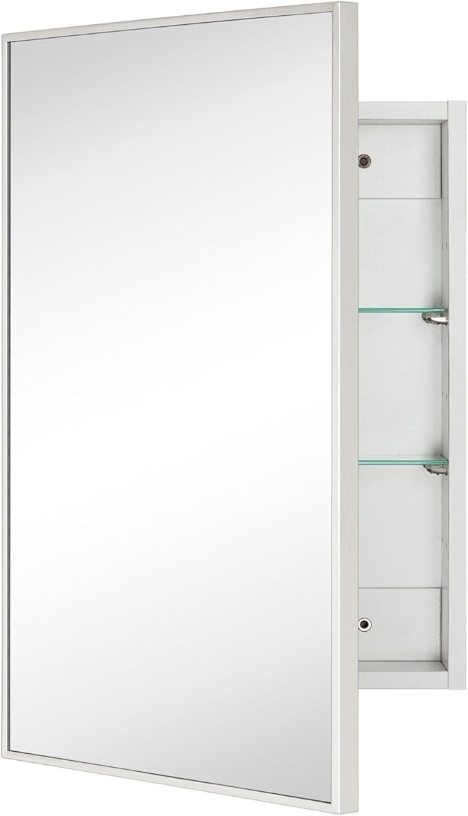 TEHOME 16.5'' x 24'' Polished Nickel Recessed and Surface Mount Bathroom Medicine Cabinet with Mirror Square Cornered Metal Framed Rounded Rectangle Medicine Cabinet Mirror