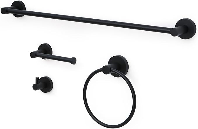 Bathroom Hardware Set 4 Piece – 24 Inch Towel Bar Set,Rustproof Stainless Steel Bathroom Accessories Kit with Towel Ring, Toilet Paper Holder & Robe Hook, Wall Mounted Bathroom Fixtures Set.