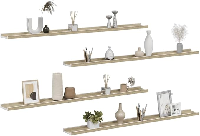 Wall Shelf Set of 4, 45.3 Inch Floating Shelves for Living Room and Bedroom, Modern Display Ledge for Books, Decor, and Photos, White and Sonoma Oak MDF