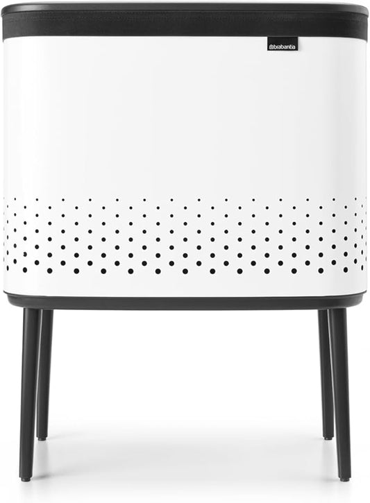 Brabantia Bo Laundry Hamper (White) Removable Laundry Bag 16 Gal, Ventilated Stylish Discreet Dirty Clothes Holder, Flat Back, Anti-Rust Materials for Bathroom Use